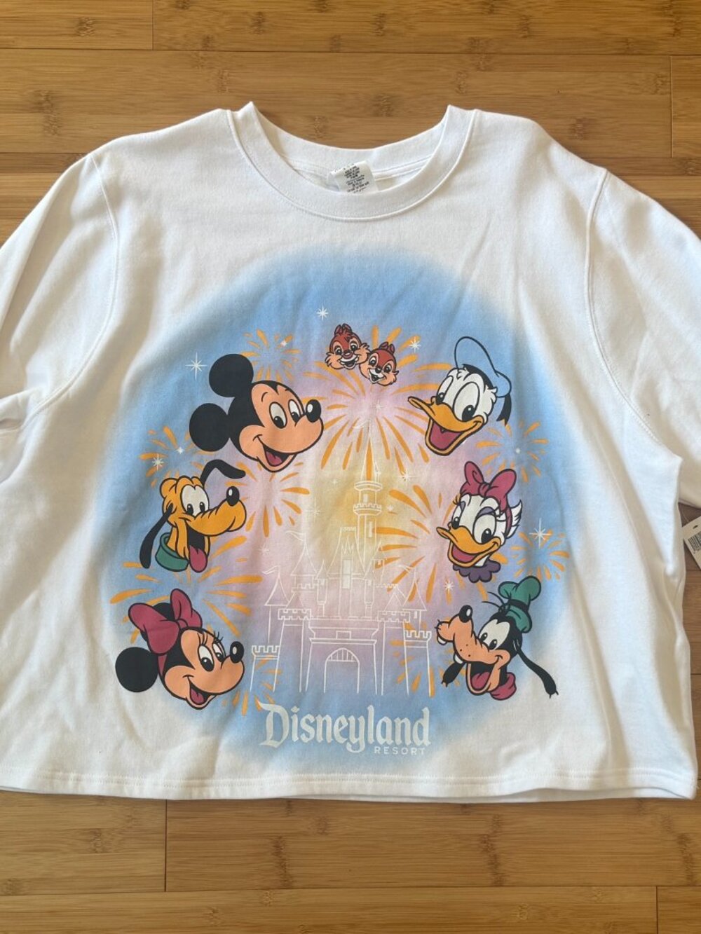 Disneyland Mickey & Friends Castle Fireworks White Cropped Sweatshirt 2XL NWT